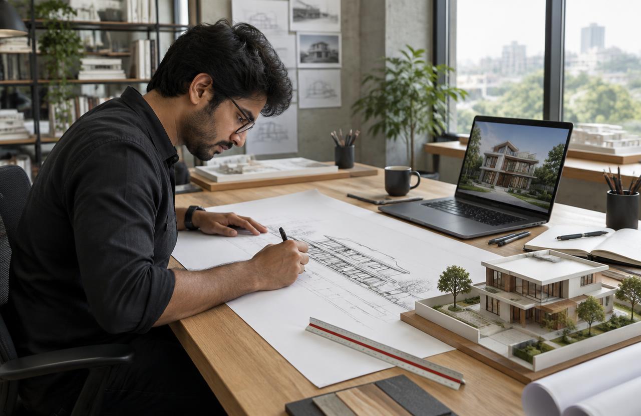 Architect sketching a house elevation with a scale model