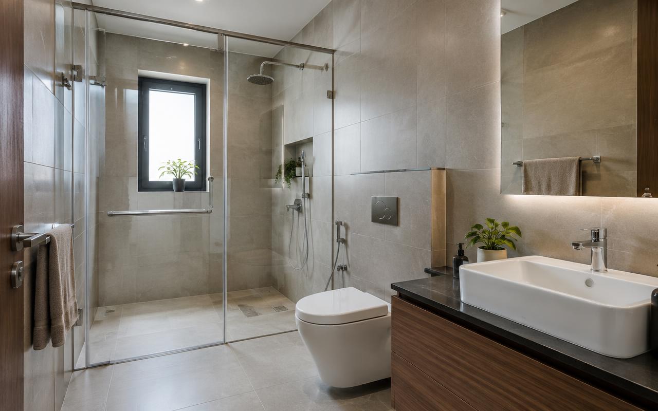 Modern bathroom with large-format tiles and glass shower partition