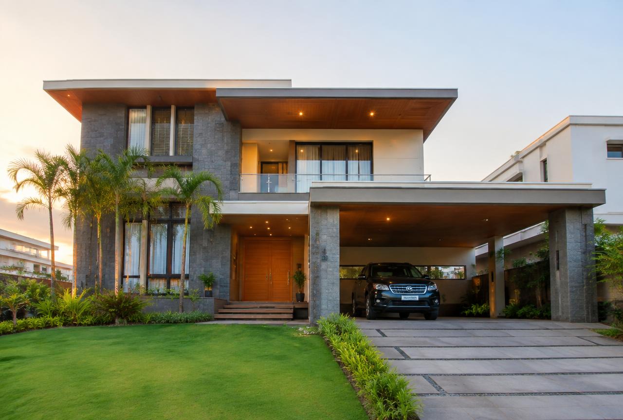 Bungalow Construction by PuneConstructions — Modern Indian bungalow exterior with stone cladding and car porch