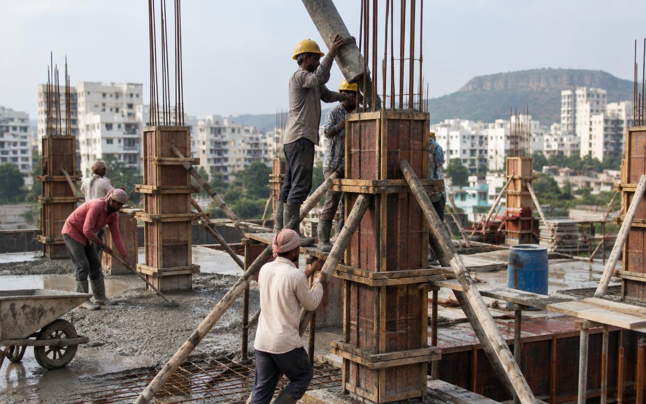 Workers casting RCC columns with formwork on a Pune residential site