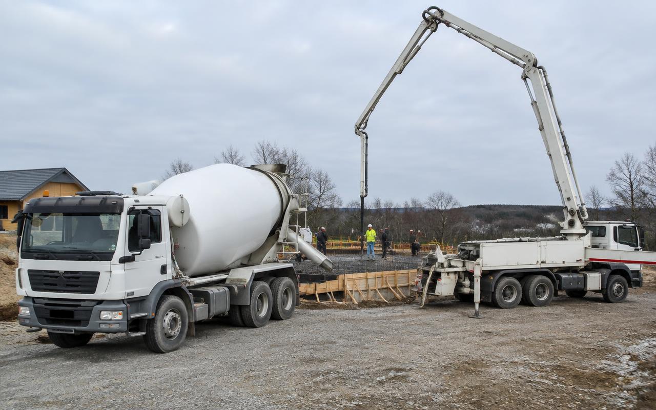 Transit mixer and concrete boom pump pouring a foundation raft