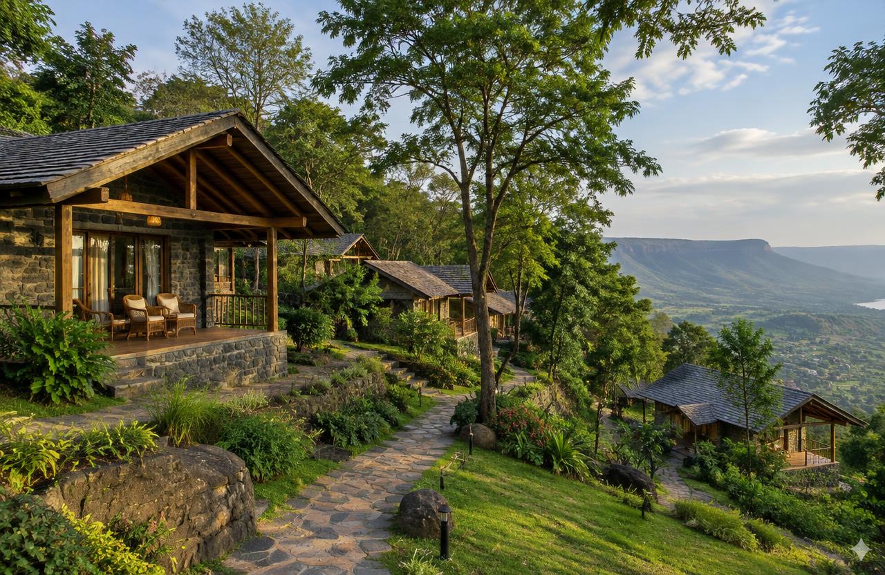 Stone and timber resort cottages on the Panchgani table-land