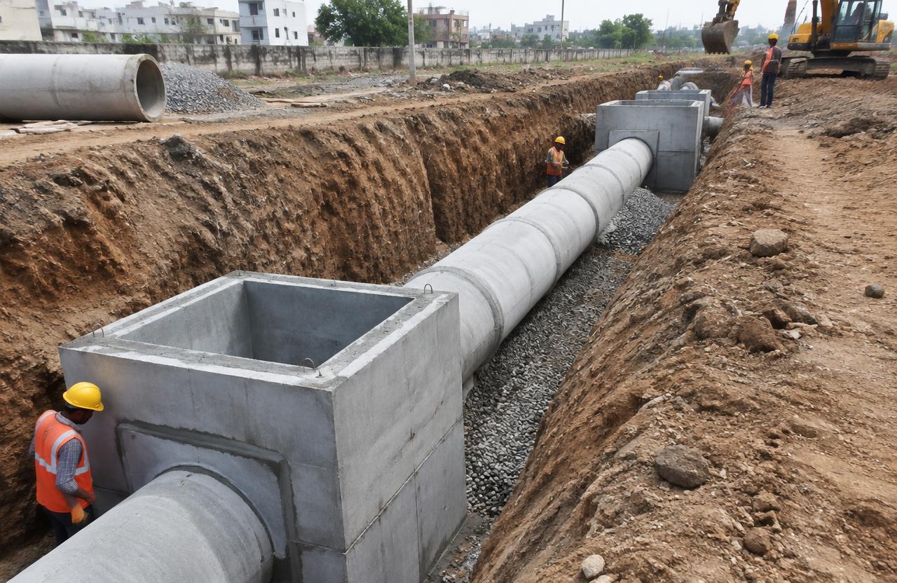 Storm water drainage pipes and chambers laid in a trench