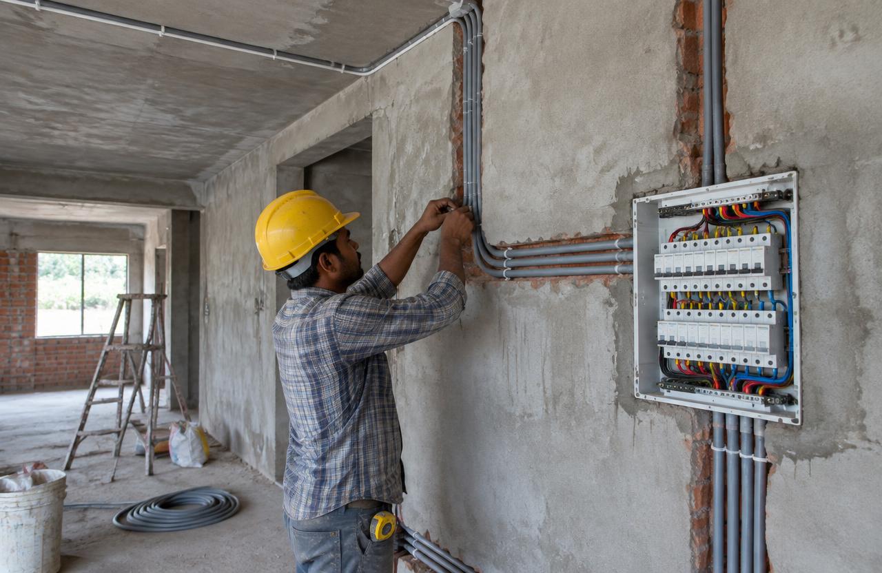 Electrical Contractors in Pune — Electrician fitting conduit wiring and distribution board