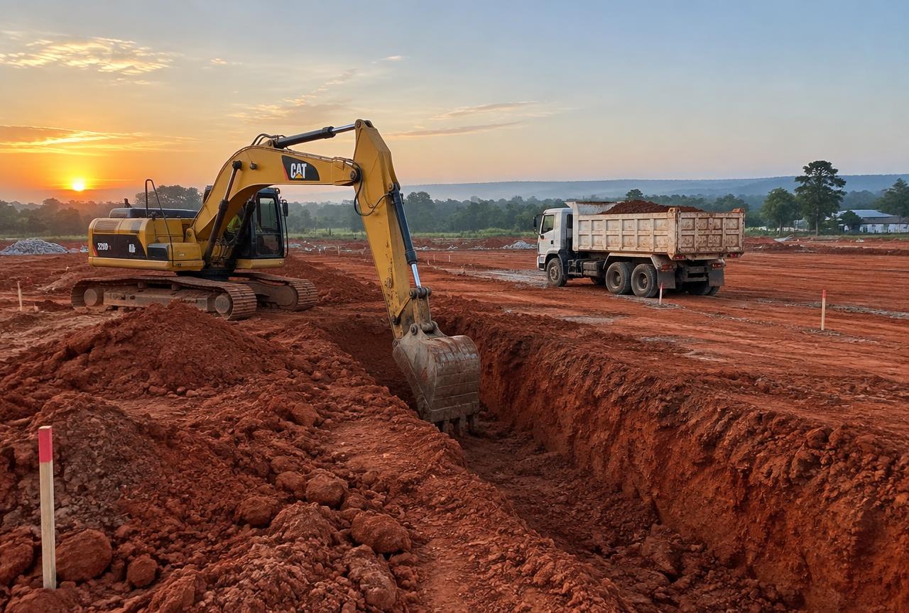 Excavation & Earthwork in Pune — Excavator cutting foundation trenches on a cleared plot