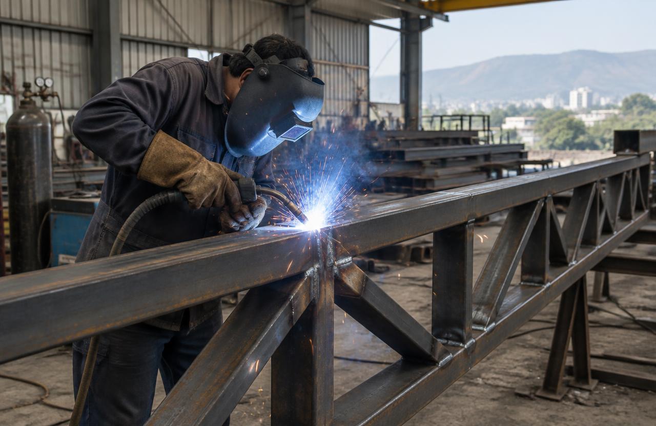 Steel Fabrication Works in Pune — Welder fabricating a steel truss in a Pune workshop