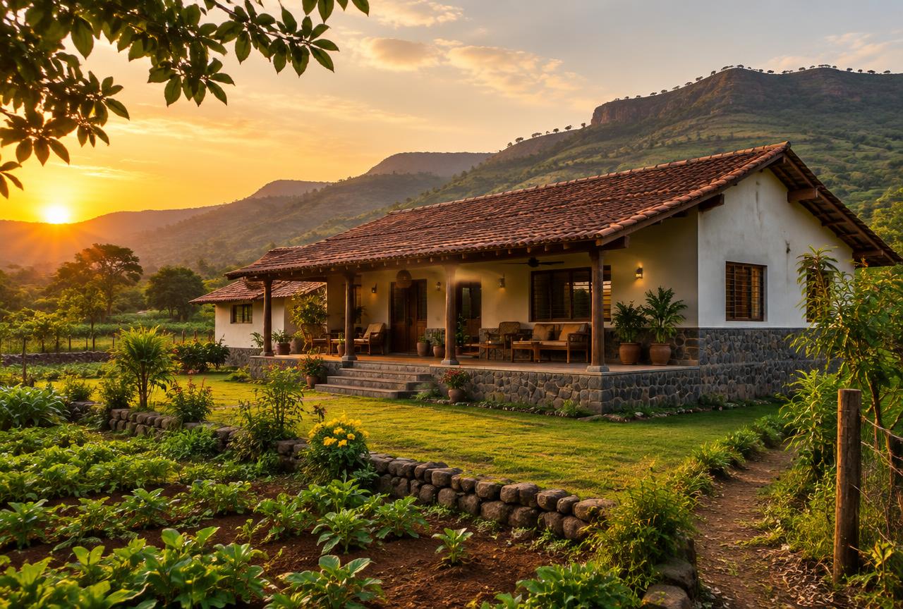 Farmhouse Construction by PuneConstructions — Farmhouse with sloping tile roof and stone plinth near the hills
