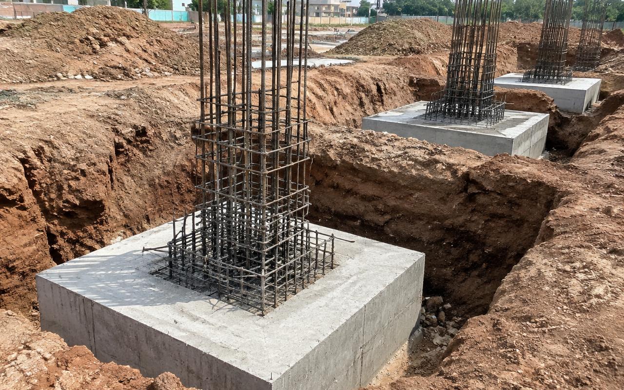RCC isolated footings with column rebar cages in excavated foundation pits