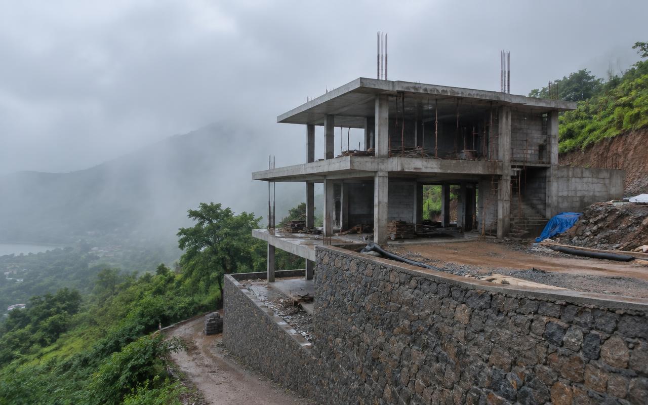 Villa RCC frame and stone retaining wall under construction on a Lonavala hill slope — Pawna Lake