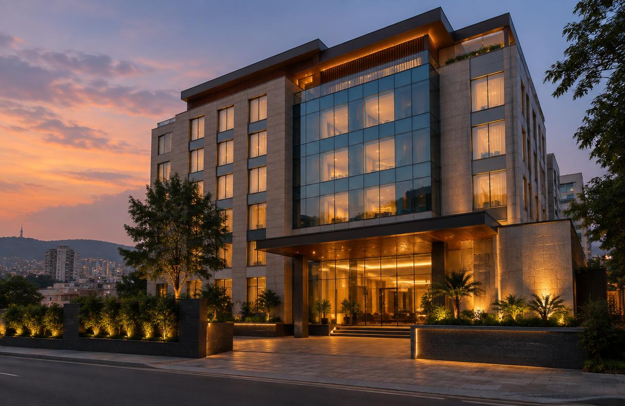 Hotel Construction in Pune — Business hotel with glass and stone facade at dusk in Pune
