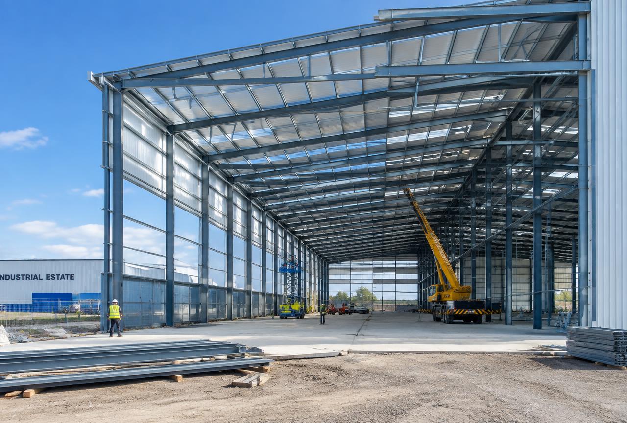 Pre-engineered industrial steel shed erection in progress — Factory Construction