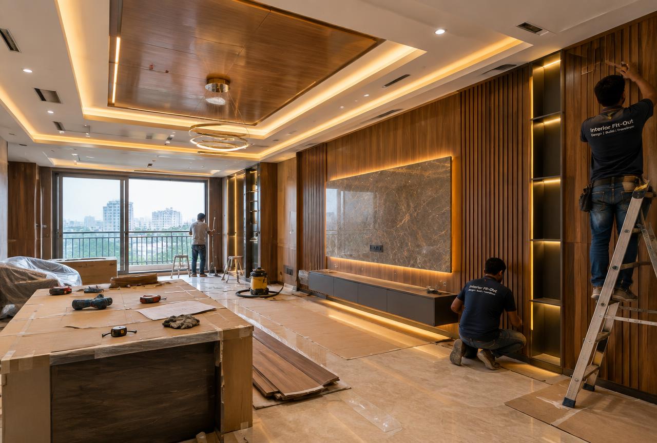 Interior Design & Fit-out by PuneConstructions — Premium interior fit-out with veneer panelling and cove lighting