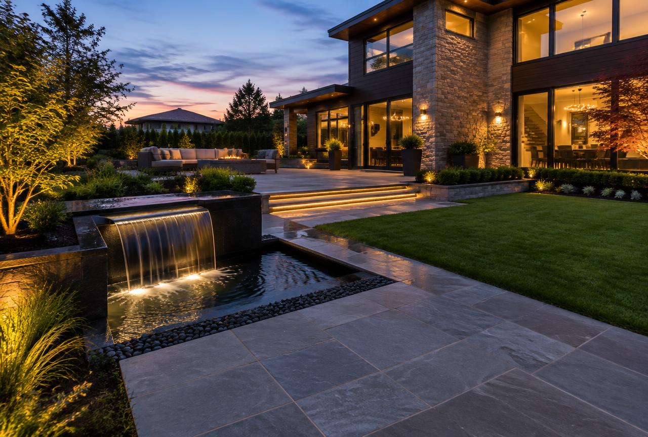 Landscaping & Hardscaping in Pune — Hardscaped garden with stone paving and water feature at dusk
