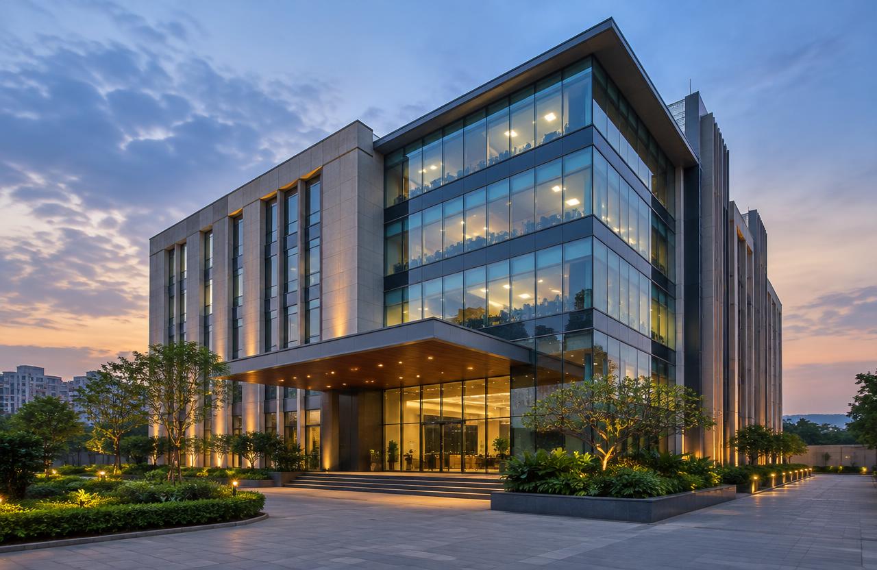 Modern glass and stone office building at dusk in Pune