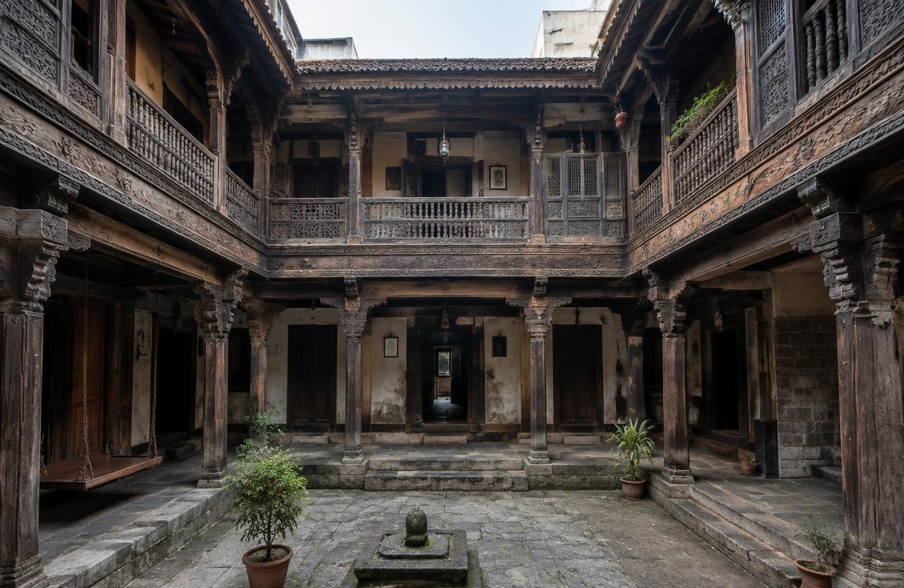 Traditional Pune wada courtyard with carved wooden balconies — Rasta Peth