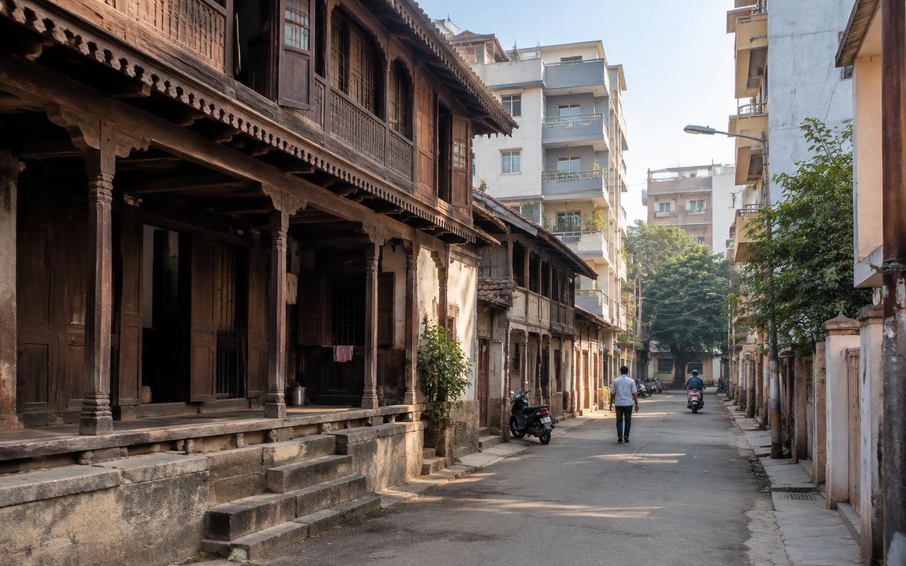 Lane in an old Pune peth with traditional wadas beside new buildings