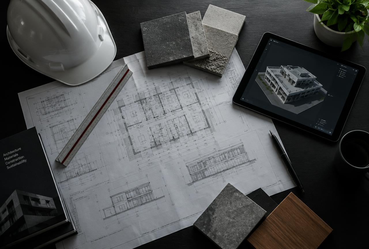Architectural drawings, material samples and a 3D building model