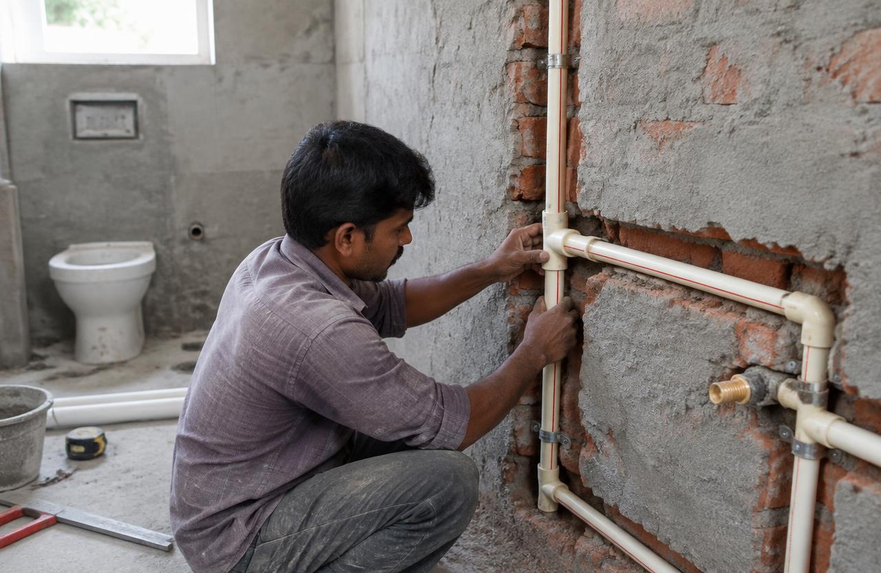 Plumber fitting CPVC pipes in a bathroom wall