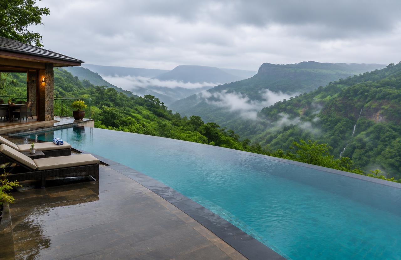 Infinity pool at a hillside villa overlooking the Sahyadri valley — Resort Construction in PCMC (Pimpri-Chinchwad)