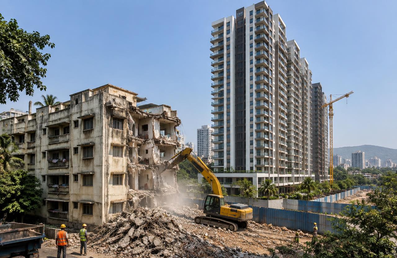 Society Redevelopment by PuneConstructions — Old society building demolished beside a new redeveloped tower in Pune