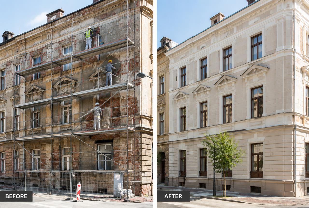 Building renovation and facade restoration with scaffolding — Project Management Consultancy