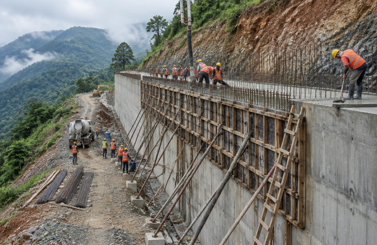 RCC retaining wall under construction on a ghat road — Foundation & Piling