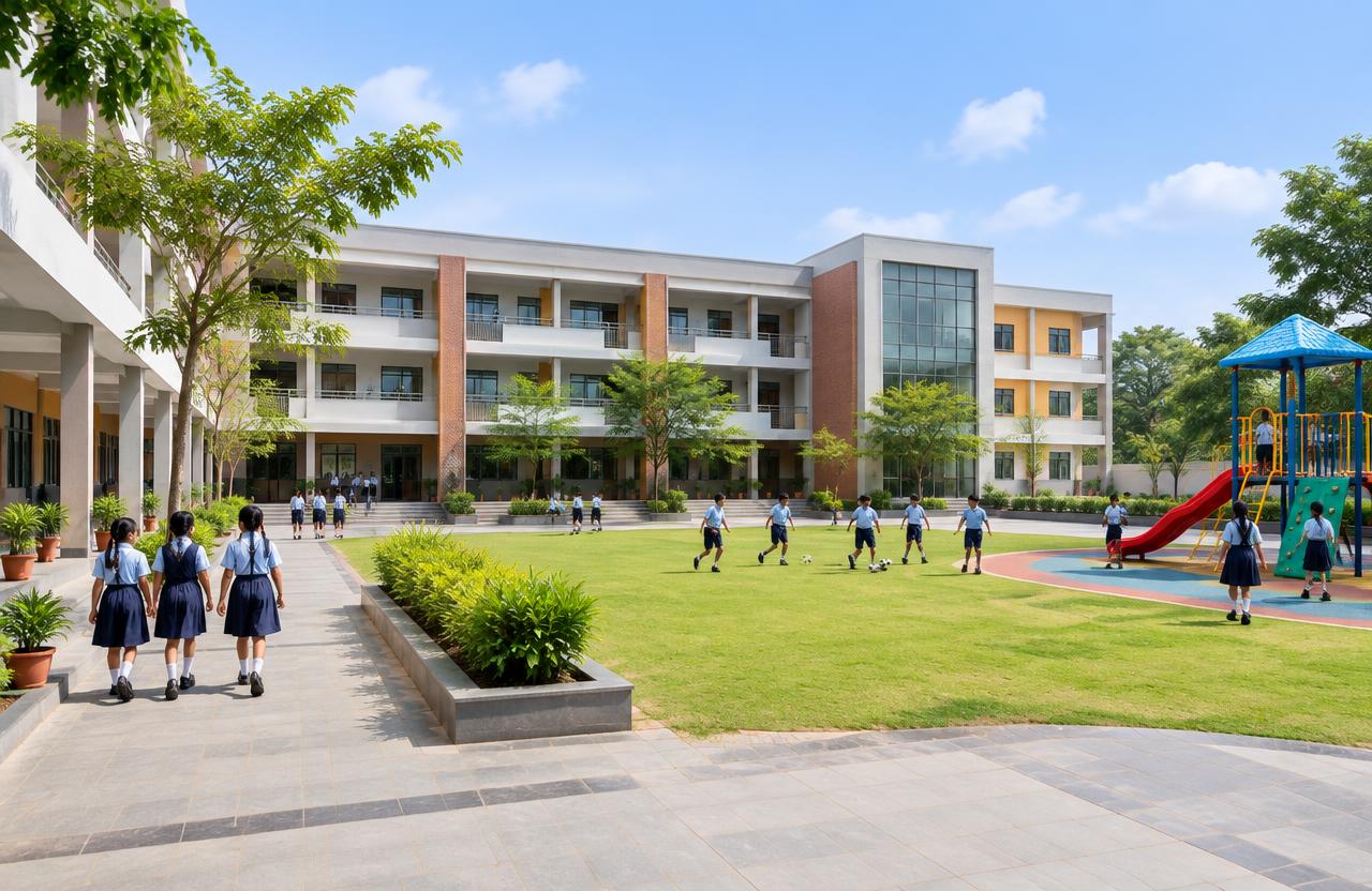 School & College Construction in Pune — Modern school building with courtyard and playground