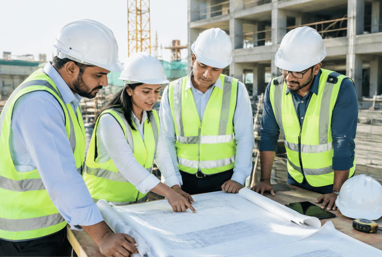 Project engineers reviewing drawings on site