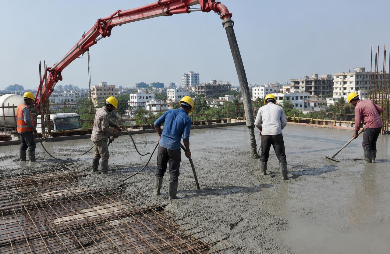 Concrete slab pour with boom pump on a building roof
