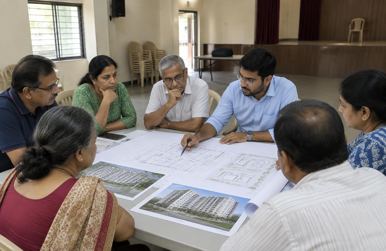 Society members reviewing redevelopment drawings with an engineer