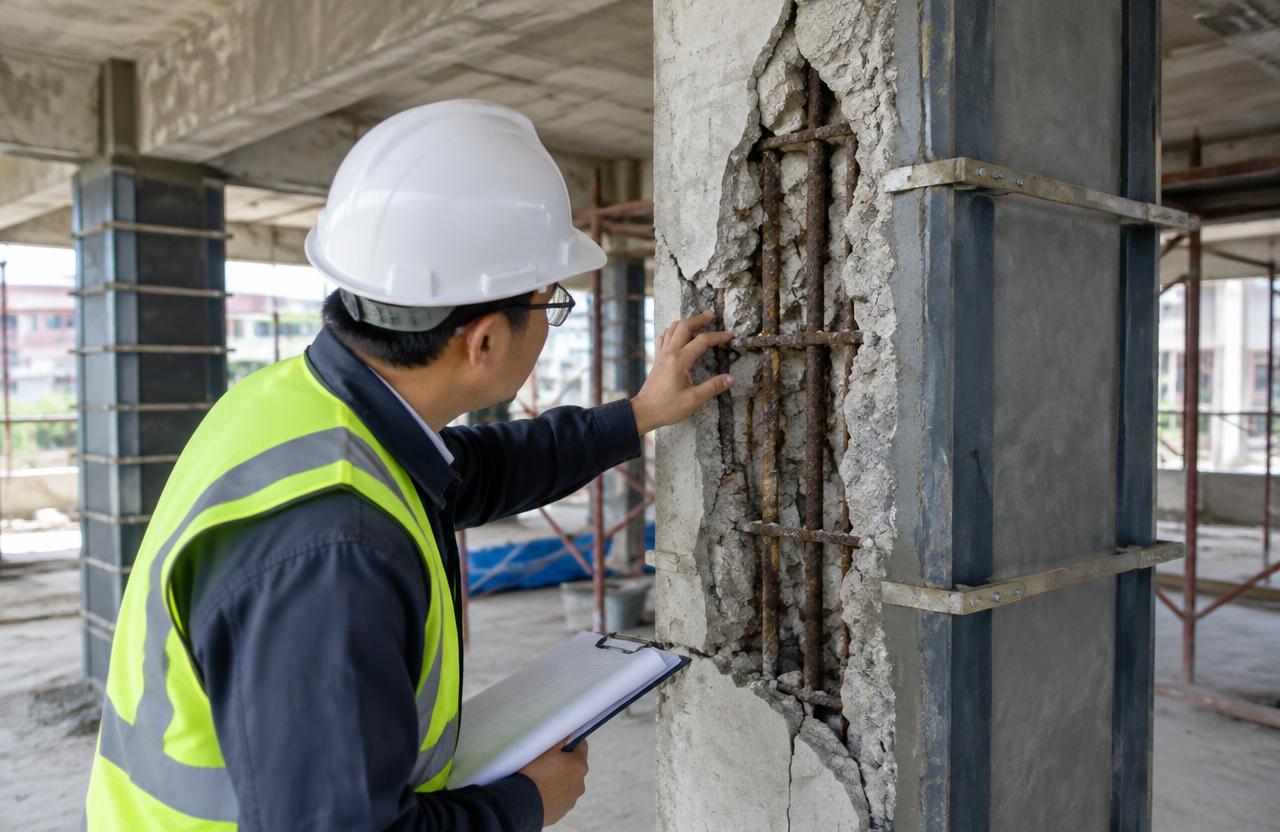 Engineer inspecting corroded column before structural repair
