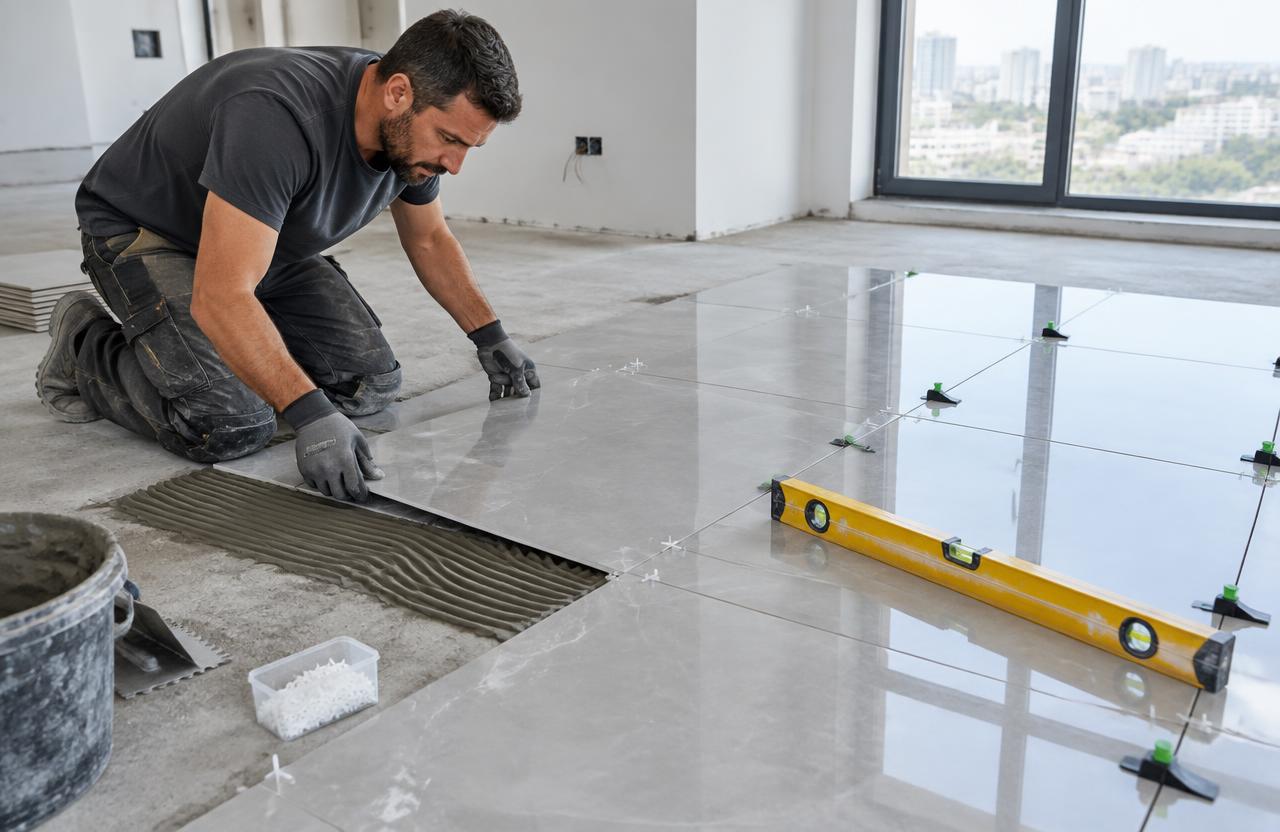 Large vitrified floor tiles being laid and levelled