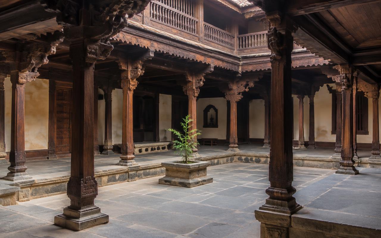 Heritage Pune wada courtyard with carved teak pillars and brackets — Rasta Peth