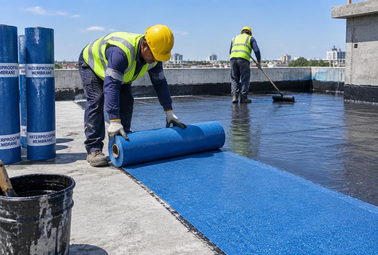 Terrace waterproofing membrane being laid by site crew