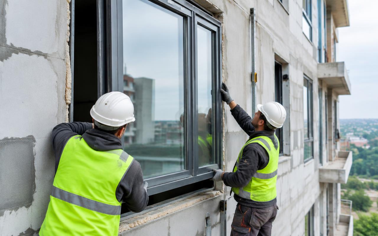 Workers installing aluminium windows on a new apartment building